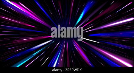 Abstract neon blue and purple light traces. Vector realistic illustration of hyperspace jump into black hole through vibrant tunnel, fast speed motion effect, teleportation through space galaxy Stock Vector