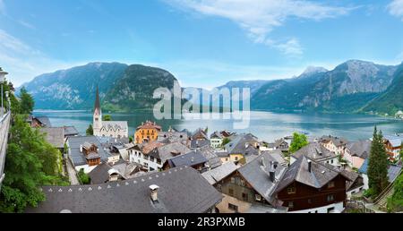 Beautiful summer Alpine Hallstatt Town and lake Hallstatter See view (Austria, view from underground tunnel parking). Stock Photo