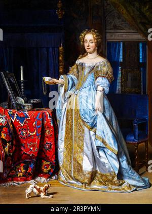 Portrait of a woman. Dutch golden age. A lady about thirty-four years of age with her fair hair in curls, stands full length at her toilet table, almo Stock Photo