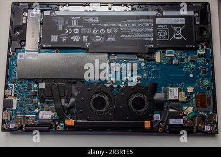 Laptop inside view. Inside components of Hp Envy. Electronic. Stock Photo