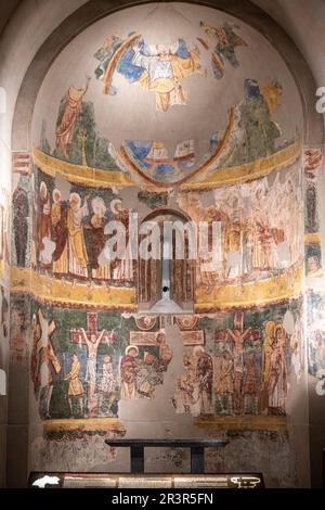 mural paintings of Ruesta, 12th century, fresco torn and transferred to canvas, come from the church of San juan bautista in Ruesta, Diocesan Museum of Jaca, Huesca, Spain. Stock Photo