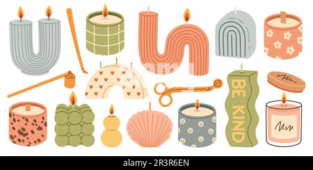 Various Candles. Different shapes and sizes. Pillar, jar candle, square, container candle. Hand drawn trendy Vector set Stock Vector
