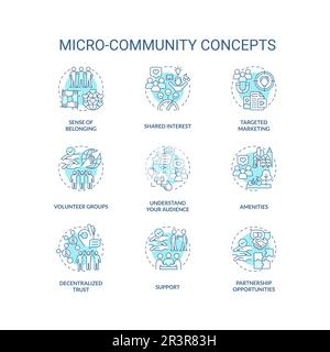 Micro community turquoise concept icons set Stock Vector