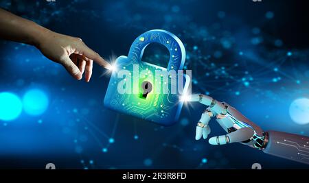 Businessman and Ai Robot hands pointing Keyhole in data security. Cyber data and information privacy. Future technology security, Network protection. Stock Photo