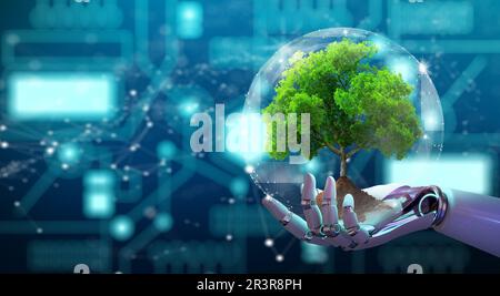 Robot hand holding growing tree with wireframe globe. Network connection and Circuit Converging point background. Green IT, Nature Technology interact Stock Photo