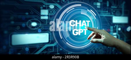 Businessman hand pointing hologram AI Technology Chat. Artificial Intelligence Futuristic technology and Robot online system Concept. Stock Photo