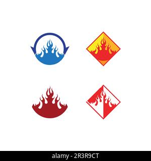 fire flat logo and flame set vector icon, hot flaming element Vector flame illustration design energy, warm, warning, cooking sign, logo, icon, light, Stock Vector