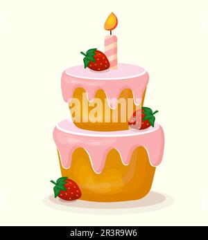 Birthday cake with candle and strawberries vector isolated illustration. Two layers cake with pink icing. Stock Vector