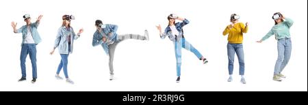 Set of different people in VR glasses isolated on white Stock Photo