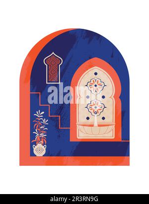 Modern and minimalist Boho design. Moroccan scene. A Moroccan doors, windows and traditional craftsmanship. Terracotta background. Vector illustration Stock Vector
