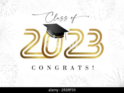 Graduating banner 2023. Class of 2023 congrats concept. Creative educational gold number 20 23, typographic logo design. Isolated symbol with cap Stock Vector