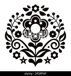 Mexican folk art style vector mandala pattern with flowers, vibrant round design inspired by traditional embroidery designs from Mexico in black and w Stock Vector
