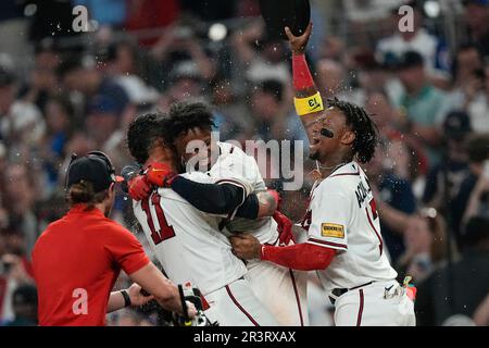 Atlanta Braves' Orlando Arcia bats against the Chicago White Sox during a  baseball game Friday, July 14, 2023, in Atlanta. (AP Photo/John Bazemore  Stock Photo - Alamy