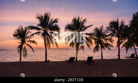 Sunset on the beach of Pattaya Thailand with palm trees Stock Photo
