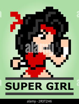 8-bit pixel hero of supergirl. Game character in vector illustration Stock Vector