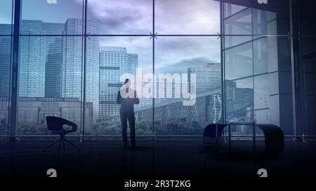 In a spacious office, a man stands and looks at city buildings, 3D render. Stock Photo
