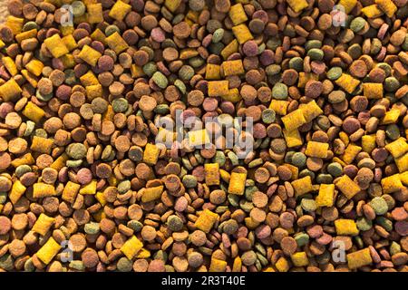 Dry food for cats and dogs close - up-a background of round pellets and pillows with a soft filling-pate. Healthy pet food, copy Stock Photo