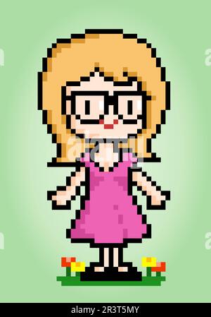 8 bit pixel of the cute girl wearing glasses. Cartoon women in vector illustrations. Stock Vector