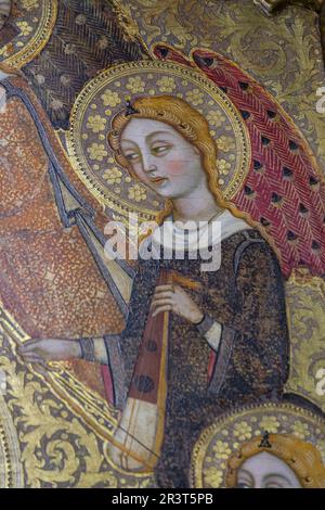 angel with medieval lyre, Mother of God of humility with musical angels altarpiece, Francesc Comes, 1390-94, Parish of La Mare de Deu dels Angels, pollensa museum, Majorca, Balearic Islands, Spain. Stock Photo