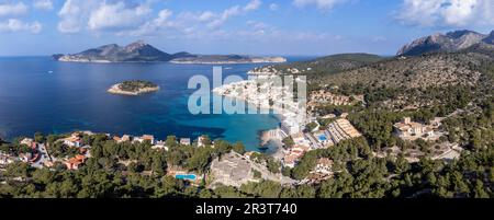 Castell de Sant Elm , Old hospital and defense tower, dating from the 14th century, Sant Elm, andratx coast, Majorca, Balearic Islands, Spain. Stock Photo