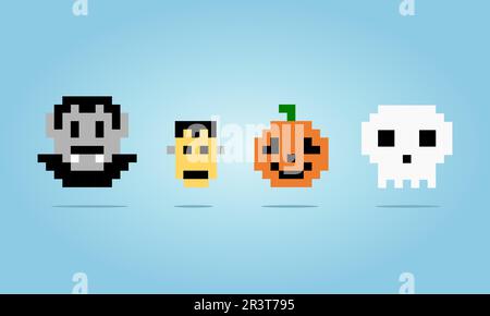 8 bit Pixel dracula skull pumpkin and scary face for Halloween themes in vector illustration Stock Vector