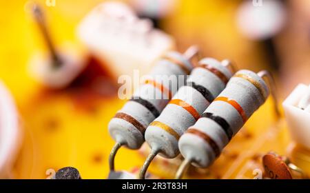 Close up of components and microchips on old PC circuit board. Stock Photo