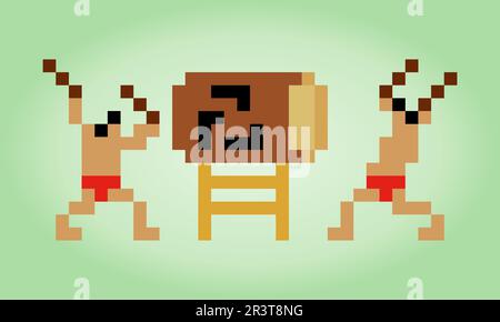 8 bit pixel japanese drummer. Sumo for game assets and cross stitch patterns in vector illustrations. Stock Vector