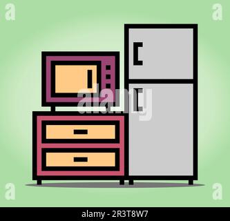 8 bit pixel Microwave, refrigerator and desk in vector illustrations for game assets. Kitchen electronic tool in Pixel Art. Stock Vector