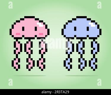 8 bit pixel Jellyfish. Animal for game assets and cross stitch patterns in vector illustrations. Stock Vector