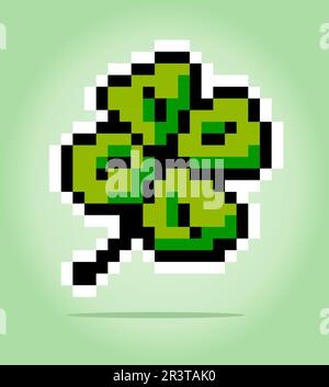 8 bit pixel four leaf. Leaf for game assets and cross stitch patterns in vector illustrations. Stock Vector