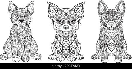 Three dogs with different patterns on them sit side by side coloring pages. Stock Vector