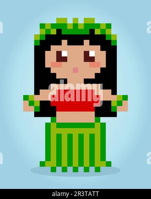 8 bit pixels of hula dancer. Hawaii tradition for game assets and cross stitch patterns in vector illustrations. Stock Vector