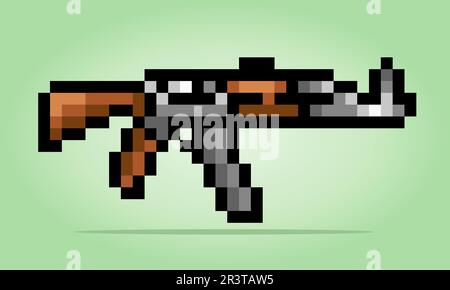 8-bit pixel of AK47 rifle. Weapon for game assets and Cross Stitch patterns in vector illustrations. Stock Vector