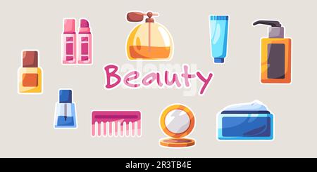 Beauty salon cosmetics female object from cream lipstick to hair comb cartoon set sticker doodle collection bundle Stock Vector