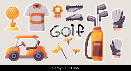 Golf golfing club object collection set illustration sticker style from buggy cart gloves shirt putting ball Stock Vector