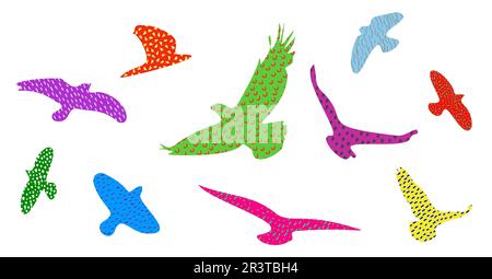 Modern colorful birds, contemporary artistic poster. Set of birds isolated on white background. vector illustration. For prints, cover or card designs Stock Vector