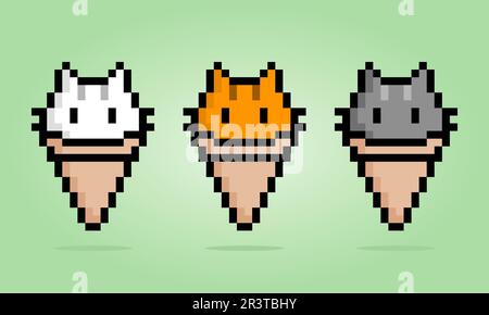 8 bit pixel of cat on cone ice cream. Animal for game assets and cross stitch patterns in vector illustrations. Stock Vector