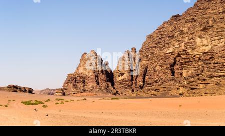 Wadi Rum (Valley of the Moon) in southern Jordan is a UNESCO World Heritage Site known for its red sand dunes and stunning rock formations Stock Photo