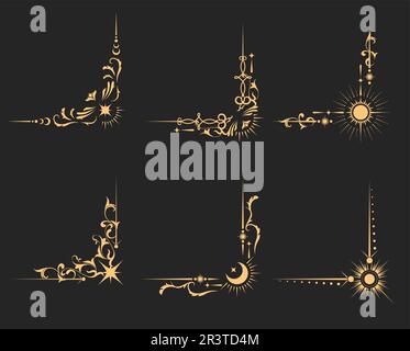 Mystical corners and frame borders in tarot style, magic banners and astrology decor, esoteric vignettes, vector Stock Vector