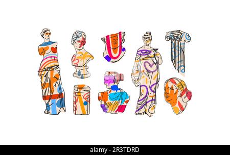 Hand drawn vector abstract outline,graphic,contemporary greek ancient sculpture statues and columns line set.Antique classic statue in trendy graffity Stock Vector