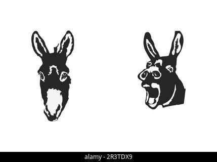 Donkey Head Vector Illustrations – Front and Side View in Black Silhouette Style Stock Vector
