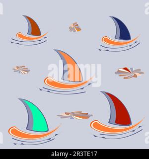 Summer pattern, seamless with colored yachts on the waves. Multicolored sails of the summer regatta. Stock Vector