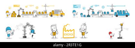 Stick figures. Two businessmen looking at the factory and sharing their ideas. Team metaphor. Business concept. Stock Vector