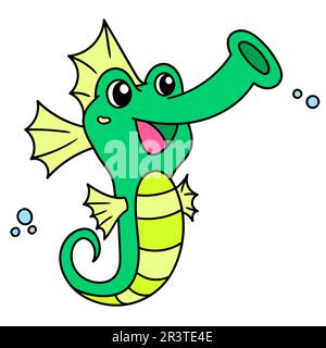 Cute green seahorse with cute face, doodle icon image kawaii Stock Photo