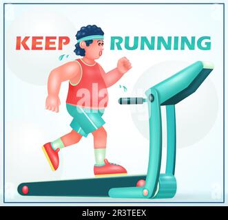 Overweight young man running on a treadmill, boy trying to lose belly fat. 3d vector illustration Stock Vector