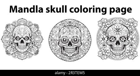 A black and white drawing of skulls and mandalas. Stock Vector