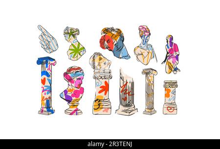 Hand drawn vector abstract outline,graphic,contemporary greek ancient sculpture statues and columns line set.Antique classic statue in trendy graffity Stock Vector