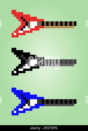 8-bit electric guitar pixel. Instrument object for game assets and Cross Stitch patterns in vector illustrations. Stock Vector
