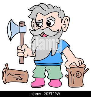 Old woodcutter carrying ax chopping wood, doodle icon image kawaii Stock Photo