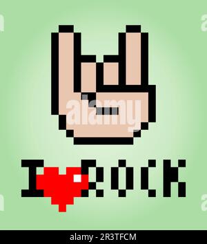 8 bit pixels I like rock music. Music lovers for game assets and cross stitch patterns in vector illustrations. Stock Vector